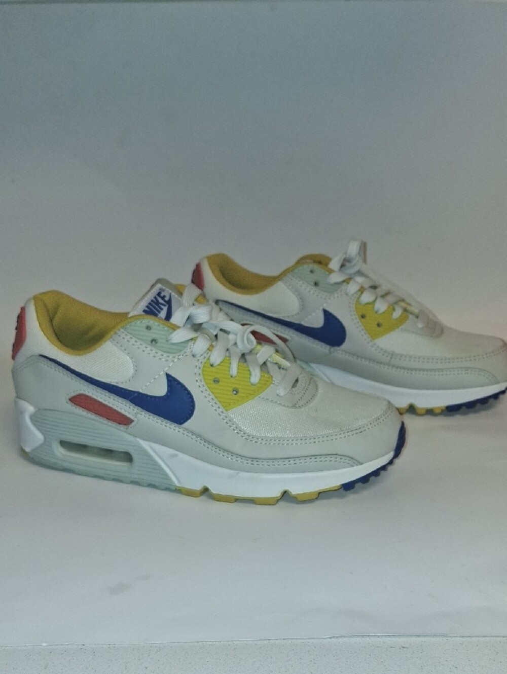 Nike Air Max 90 White Athletic Sneakers with Blue Swoosh and Yellow & Coral - Picture 3 of 7